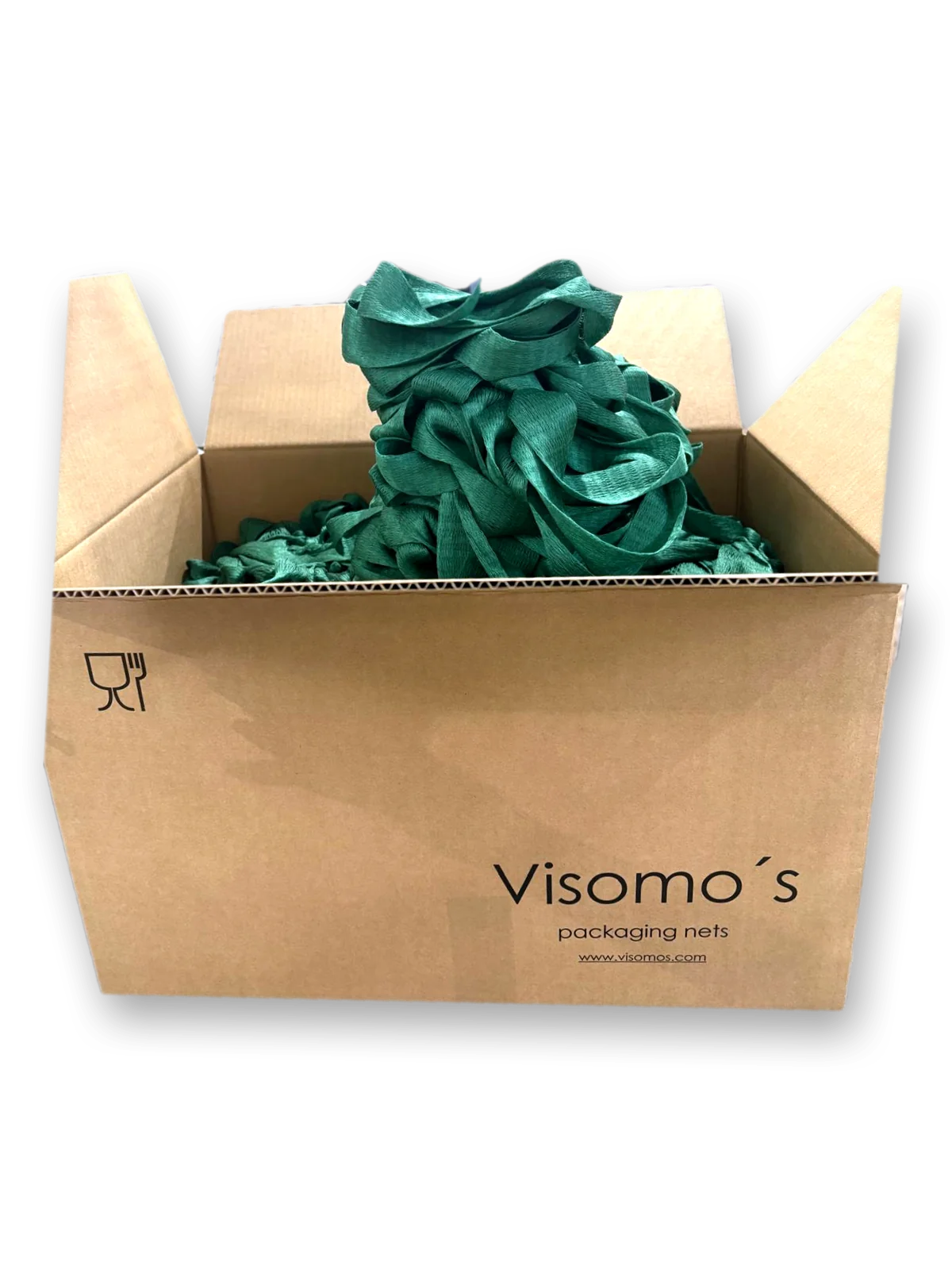 Caja de cartón de Visomo's abierta y llena de malla verde