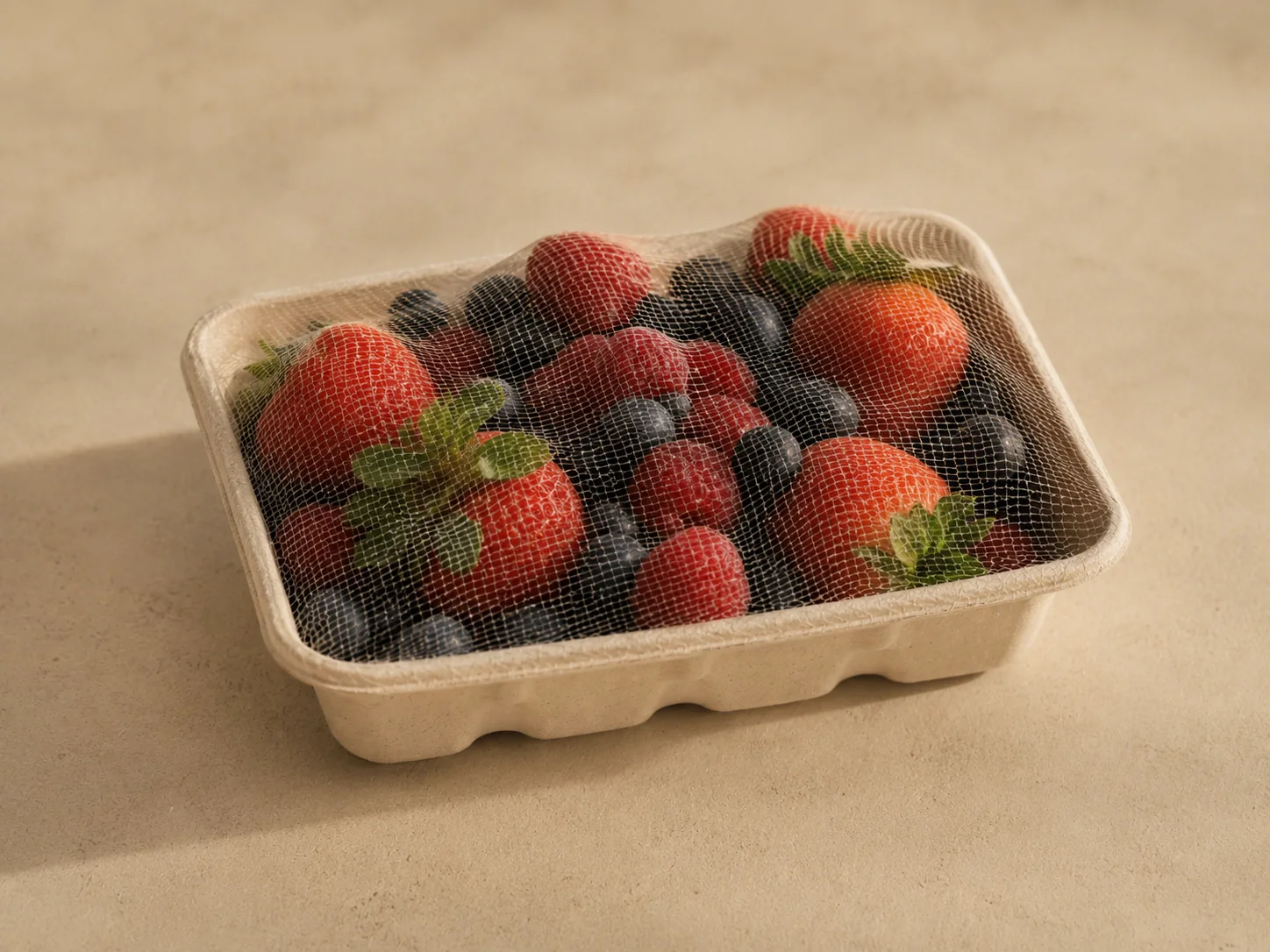 Fresas, frambuesas y arándanos en malla fina de celulosa Visomos compatible con barqueta