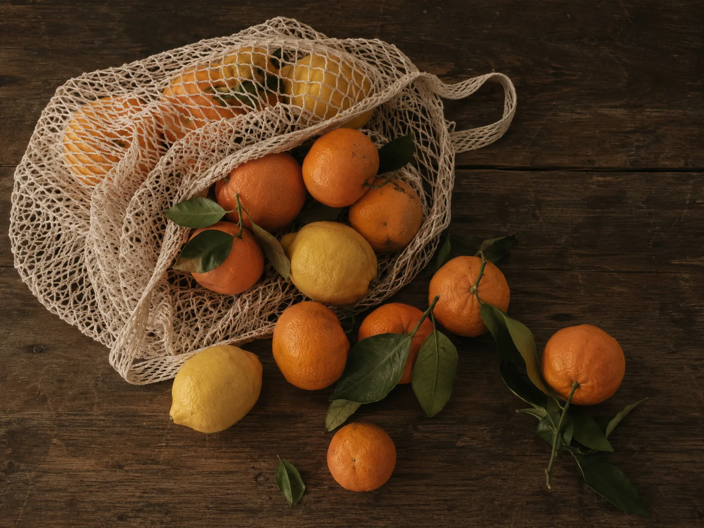 Naranjas, mandarinas y limones envasados en malla tubular de celulosa Visomos