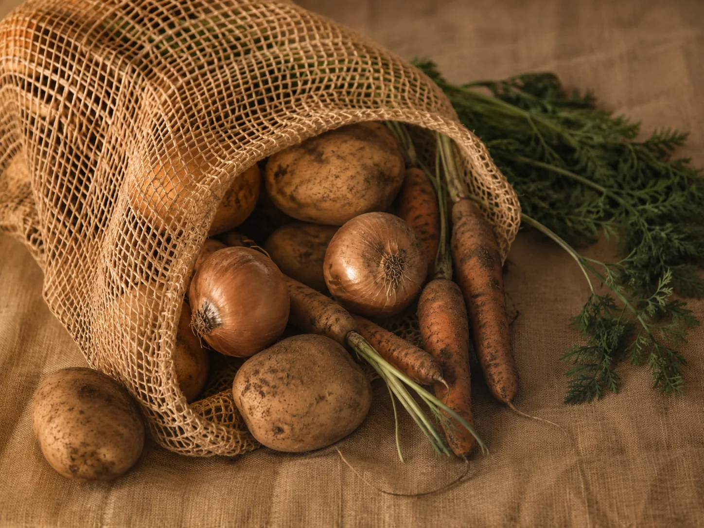 Patatas, cebollas y zanahorias envasadas en malla tubular Visomos para hortalizas